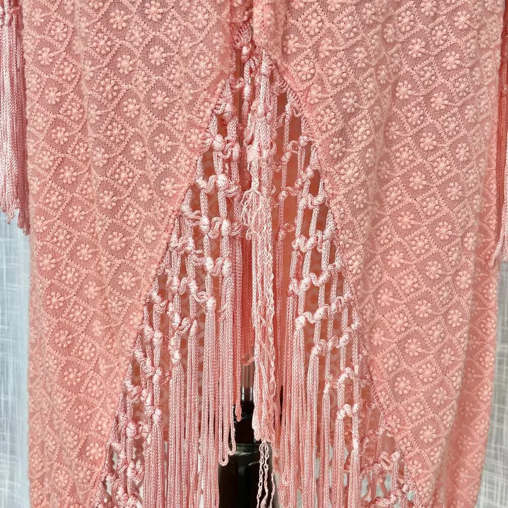 PilyQ Womens Swim Coverup Cardigan M/L Pink Fringe Tassel Crochet Boho Beach